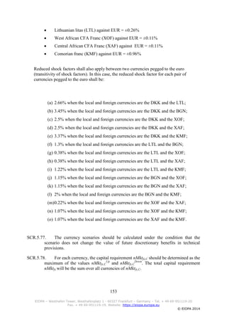 153
EIOPA – Westhafen Tower, Westhafenplatz 1 - 60327 Frankfurt – Germany – Tel. + 49 69-951119-20
Fax. + 49 69-951119-19, Website: https://eiopa.europa.eu
© EIOPA 2014
 Lithuanian litas (LTL) against EUR = ±0.26%
 West African CFA Franc (XOF) against EUR = ±0.11%
 Central African CFA Franc (XAF) against EUR = ±0.11%
 Comorian franc (KMF) against EUR = ±0.96%
Reduced shock factors shall also apply between two currencies pegged to the euro
(transitivity of shock factors). In this case, the reduced shock factor for each pair of
currencies pegged to the euro shall be:
(a) 2.66% when the local and foreign currencies are the DKK and the LTL;
(b) 3.45% when the local and foreign currencies are the DKK and the BGN;
(c) 2.5% when the local and foreign currencies are the DKK and the XOF;
(d) 2.5% when the local and foreign currencies are the DKK and the XAF;
(e) 3.37% when the local and foreign currencies are the DKK and the KMF;
(f) 1.3% when the local and foreign currencies are the LTL and the BGN;
(g) 0.38% when the local and foreign currencies are the LTL and the XOF;
(h) 0.38% when the local and foreign currencies are the LTL and the XAF;
(i) 1.22% when the local and foreign currencies are the LTL and the KMF;
(j) 1.15% when the local and foreign currencies are the BGN and the XOF;
(k) 1.15% when the local and foreign currencies are the BGN and the XAF;
(l) 2% when the local and foreign currencies are the BGN and the KMF;
(m)0.22% when the local and foreign currencies are the XOF and the XAF;
(n) 1.07% when the local and foreign currencies are the XOF and the KMF;
(o) 1.07% when the local and foreign currencies are the XAF and the KMF.
SCR.5.77. The currency scenarios should be calculated under the condition that the
scenario does not change the value of future discretionary benefits in technical
provisions.
SCR.5.78. For each currency, the capital requirement nMktfx,C should be determined as the
maximum of the values nMktfx,C
Up
and nMktfx,C
Down
. The total capital requirement
nMktfx will be the sum over all currencies of nMktfx,C.
 