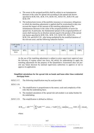 167
EIOPA – Westhafen Tower, Westhafenplatz 1 - 60327 Frankfurt – Germany – Tel. + 49 69-951119-20
Fax. + 49 69-951119-19, Website: https://eiopa.europa.eu
© EIOPA 2014
a. The assets in the assigned portfolio shall be subject to an instantaneous
decrease in the value for spread risk according to the spread risk factors
specified in SCR.5.86., SCR. 5.91, SCR.5.92., SCR.5.93., SCR.5.94. and
SCR.5.99
b. The technical provisions of the portfolio insurance or reinsurance obligations
to which the matching adjustment is applied shall be recalculated to take into
account the impact on the amount of the matching adjustment of the
instantaneous decrease in the value of the assigned portfolio of assets for
spread risk. In particular, the fundamental spread on the assigned portfolio of
assets shall increase by an absolute amount equal to the product of the spread
risk factors specified in SCR.5.86., SCR. 5.91, SCR.5.92., SCR.5.93.,
SCR.5.94. and SCR.5.99 , after being multiplied by the modified duration of
the relevant asset, and the following reduction factors:
Credit quality
step
0 1 2 3 4 5 6
Reduction
factor
45% 50% 60% 75% 100% 100% 100%
As the use of the matching adjustment is subject to prior supervisory approval once
the Solvency II regime enters into force, the ability for undertakings to apply the
matching adjustment for the purpose of the Quantitative Assessment does not pre-
emt any future decision by national supervisory authorities to approve or not to
approve its application.
Simplified calculations for the spread risk on bonds and loans other than residential
mortgage loans
SCR.5.117. The following simplification may be used provided:
SCR.5.118.
a. The simplification is proportionate to the nature, scale and complexity of the
risks that the undertaking faces.
b. The standard calculation of the spread risk sub-module is an undue burden for
the undertaking.
SCR.5.119. The simplification is defined as follows:
where:
  ulnorating
bonds
noratingi
bonds
i
i
bonds
bonds LiabdurMVstressMVMVSCR 





  1;03.0min%%
 