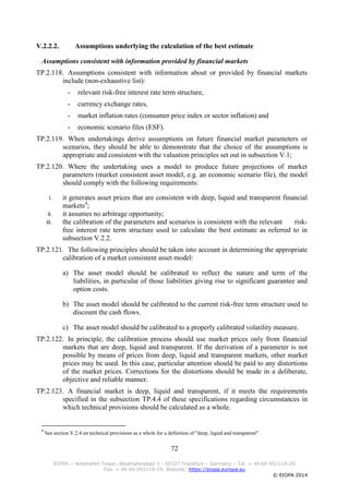 72
EIOPA – Westhafen Tower, Westhafenplatz 1 - 60327 Frankfurt – Germany – Tel. + 49 69-951119-20
Fax. + 49 69-951119-19, Website: https://eiopa.europa.eu
© EIOPA 2014
V.2.2.2. Assumptions underlying the calculation of the best estimate
Assumptions consistent with information provided by financial markets
TP.2.118. Assumptions consistent with information about or provided by financial markets
include (non-exhaustive list):
- relevant risk-free interest rate term structure,
- currency exchange rates,
- market inflation rates (consumer price index or sector inflation) and
- economic scenario files (ESF).
TP.2.119. When undertakings derive assumptions on future financial market parameters or
scenarios, they should be able to demonstrate that the choice of the assumptions is
appropriate and consistent with the valuation principles set out in subsection V.1;
TP.2.120. Where the undertaking uses a model to produce future projections of market
parameters (market consistent asset model, e.g. an economic scenario file), the model
should comply with the following requirements:
i. it generates asset prices that are consistent with deep, liquid and transparent financial
markets4
;
ii. it assumes no arbitrage opportunity;
iii. the calibration of the parameters and scenarios is consistent with the relevant risk-
free interest rate term structure used to calculate the best estimate as referred to in
subsection V.2.2.
TP.2.121. The following principles should be taken into account in determining the appropriate
calibration of a market consistent asset model:
a) The asset model should be calibrated to reflect the nature and term of the
liabilities, in particular of those liabilities giving rise to significant guarantee and
option costs.
b) The asset model should be calibrated to the current risk-free term structure used to
discount the cash flows.
c) The asset model should be calibrated to a properly calibrated volatility measure.
TP.2.122. In principle, the calibration process should use market prices only from financial
markets that are deep, liquid and transparent. If the derivation of a parameter is not
possible by means of prices from deep, liquid and transparent markets, other market
prices may be used. In this case, particular attention should be paid to any distortions
of the market prices. Corrections for the distortions should be made in a deliberate,
objective and reliable manner.
TP.2.123. A financial market is deep, liquid and transparent, if it meets the requirements
specified in the subsection TP.4.4 of these specifications regarding circumstances in
which technical provisions should be calculated as a whole.
4
See section V.2.4 on technical provisions as a whole for a definition of "deep, liquid and transparent"
 