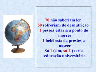 70  não saberiam ler  50  sofreriam de desnutrição  1  pessoa estaria a ponto de morrer  1  bebê estaria prestes a nascer  Só  1  (sim,  só 1! ) teria educação universitária  