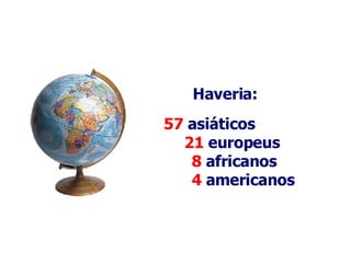 Haveria:  57  asiáticos  21  europeus  8  africanos   4  americanos 