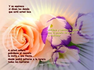 Y se equivoca
si dicen los demás
que está usted loca




                                   olvídese y bendita la locura
                                   que la enseño de nuevo
                                   a disfrutar




A usted señora
guárdeme el secreto
la invito a una fiesta..
donde podrá saltarse a la torera
todas las barreras
 