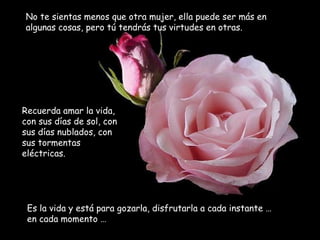No te sientas menos que otra mujer, ella puede ser más en
algunas cosas, pero tú tendrás tus virtudes en otras.




Recuerda amar la vida,
con sus días de sol, con
sus días nublados, con
sus tormentas
eléctricas.




 Es la vida y está para gozarla, disfrutarla a cada instante …
 en cada momento …
 