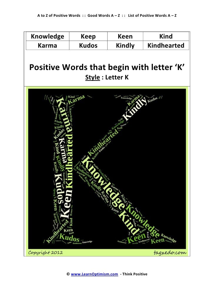 a to z of positive words ebook words that start with the letter k
