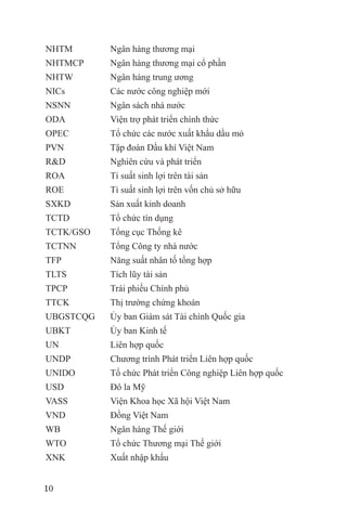 NHTM       Ngân hàng thương mại
NHTMCP     Ngân hàng thương mại cổ phần
NHTW       Ngân hàng trung ương
NICs       Các nước công nghiệp mới
NSNN       Ngân sách nhà nước
ODA        Viện trợ phát triển chính thức
OPEC       Tổ chức các nước xuất khẩu dầu mỏ
PVN        Tập đoàn Dầu khí Việt Nam
R&D        Nghiên cứu và phát triển
ROA        Tỉ suất sinh lợi trên tài sản
ROE        Tỉ suất sinh lợi trên vốn chủ sở hữu
SXKD       Sản xuất kinh doanh
TCTD       Tổ chức tín dụng
TCTK/GSO   Tổng cục Thống kê
TCTNN      Tổng Công ty nhà nước
TFP        Năng suất nhân tố tổng hợp
TLTS       Tích lũy tài sản
TPCP       Trái phiếu Chính phủ
TTCK       Thị trường chứng khoán
UBGSTCQG   Ủy ban Giám sát Tài chính Quốc gia
UBKT       Ủy ban Kinh tế
UN         Liên hợp quốc
UNDP       Chương trình Phát triển Liên hợp quốc
UNIDO      Tổ chức Phát triển Công nghiệp Liên hợp quốc
USD        Đô la Mỹ
VASS       Viện Khoa học Xã hội Việt Nam
VND        Đồng Việt Nam
WB         Ngân hàng Thế giới
WTO        Tổ chức Thương mại Thế giới
XNK        Xuất nhập khẩu


10
 