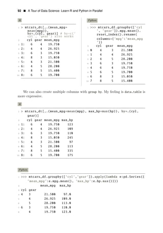 92 • A Tour of Data Science: Learn R and Python in Parallel
R Python
1 > mtcars_dt[,.(mean_mpg= 1 >>> mtcars_df.groupby([’cyl
mean(mpg)), ’, ’gear’]).mpg.mean().
by=.(cyl, gear)] # by=c(’ reset_index().rename(
cyl’, ’gear’) also works
columns={’mpg’:’mean_mpg
2 cyl gear mean_mpg
’})
3 1: 6 4 19.750 2 cyl gear mean_mpg
4 2: 4 4 26.925 3 0 4 3 21.500
5 3: 6 3 19.750 4 1 4 4 26.925
6 4: 8 3 15.050 5 2 4 5 28.200
7 5: 4 3 21.500 6 3 6 3 19.750
8 6: 4 5 28.200 7 4 6 4 19.750
9 7: 8 5 15.400 8 5 6 5 19.700
10 8: 6 5 19.700 9 6 8 3 15.050
10 7 8 5 15.400
We can also create multiple columns with group by. My feeling is data.table is
more expressive.
R
1 > mtcars_dt[,.(mean_mpg=mean(mpg), max_hp=max(hp)), by=.(cyl,
gear)]
2 cyl gear mean_mpg max_hp
3 1: 6 4 19.750 123
4 2: 4 4 26.925 109
5 3: 6 3 19.750 110
6 4: 8 3 15.050 245
7 5: 4 3 21.500 97
8 6: 4 5 28.200 113
9 7: 8 5 15.400 335
10 8: 6 5 19.700 175
Python
1 >>> mtcars_df.groupby([’cyl’,’gear’]).apply(lambda e:pd.Series({
’mean_mpg’:e.mpg.mean(), ’max_hp’:e.hp.max()}))
2 mean_mpg max_hp
3 cyl gear
4 4 3 21.500 97.0
5 4 26.925 109.0
6 5 28.200 113.0
7 6 3 19.750 110.0
8 4 19.750 123.0
 