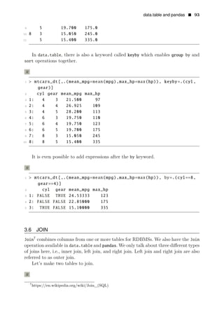 data.table and pandas • 93
9 5 19.700 175.0
10 8 3 15.050 245.0
11 5 15.400 335.0
In data.table, there is also a keyword called keyby which enables group by and
sort operations together.
R
1 > mtcars_dt[,.(mean_mpg=mean(mpg),max_hp=max(hp)), keyby=.(cyl,
gear)]
2 cyl gear mean_mpg max_hp
3 1: 4 3 21.500 97
4 2: 4 4 26.925 109
5 3: 4 5 28.200 113
6 4: 6 3 19.750 110
7 5: 6 4 19.750 123
8 6: 6 5 19.700 175
9 7: 8 3 15.050 245
10 8: 8 5 15.400 335
It is even possible to add expressions after the by keyword.
R
1 > mtcars_dt[,.(mean_mpg=mean(mpg),max_hp=max(hp)), by=.(cyl==8,
gear==4)]
2 cyl gear mean_mpg max_hp
3 1: FALSE TRUE 24.53333 123
4 2: FALSE FALSE 22.85000 175
5 3: TRUE FALSE 15.10000 335
3.6 JOIN
7
Join combines columns from one or more tables for RDBMSs. We also have the Join
operation available in data.table and pandas. We only talk about three diﬀerent types
of joins here, i.e., inner join, left join, and right join. Left join and right join are also
referred to as outer join.
Let’s make two tables to join.
R
7
https://en.wikipedia.org/wiki/Join_(SQL)
 