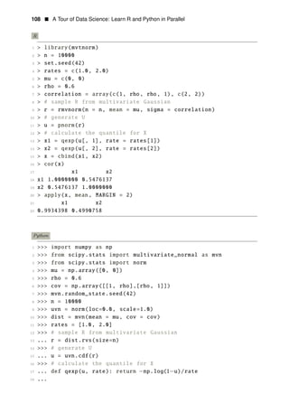 108 • A Tour of Data Science: Learn R and Python in Parallel
R
1 > library(mvtnorm)
2 > n = 10000
3 > set.seed(42)
4 > rates = c(1.0, 2.0)
5 > mu = c(0, 0)
6 > rho = 0.6
7 > correlation = array(c(1, rho, rho, 1), c(2, 2))
8 > # sample R from multivariate Gaussian
9 > r = rmvnorm(n = n, mean = mu, sigma = correlation)
10 > # generate U
11 > u = pnorm(r)
12 > # calculate the quantile for X
13 > x1 = qexp(u[, 1], rate = rates[1])
14 > x2 = qexp(u[, 2], rate = rates[2])
15 > x = cbind(x1, x2)
16 > cor(x)
17 x1 x2
18 x1 1.0000000 0.5476137
19 x2 0.5476137 1.0000000
20 > apply(x, mean, MARGIN = 2)
21 x1 x2
22 0.9934398 0.4990758
Python
1 >>> import numpy as np
2 >>> from scipy.stats import multivariate_normal as mvn
3 >>> from scipy.stats import norm
4 >>> mu = np.array([0, 0])
5 >>> rho = 0.6
6 >>> cov = np.array([[1, rho],[rho, 1]])
7 >>> mvn.random_state.seed(42)
8 >>> n = 10000
9 >>> uvn = norm(loc=0.0, scale=1.0)
10 >>> dist = mvn(mean = mu, cov = cov)
11 >>> rates = [1.0, 2.0]
12 >>> # sample R from multivariate Gaussian
13 ... r = dist.rvs(size=n)
14 >>> # generate U
15 ... u = uvn.cdf(r)
16 >>> # calculate the quantile for X
17 ... def qexp(u, rate): return −np.log(1−u)/rate
18 ...
 