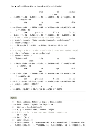 126 • A Tour of Data Science: Learn R and Python in Parallel
9 crim zn indus
chas
10 3.645949e+01 −1.080114e−01 4.642046e−02 2.055863e−02
2.686734e+00
11 nox rm age dis
rad
12 −1.776661e+01 3.809865e+00 6.922246e−04 −1.475567e+00
3.060495e−01
13 tax ptratio black lstat
14 −1.233459e−02 −9.527472e−01 9.311683e−03 −5.247584e−01
15 > # let’s make prediction on the same data
16 > pred=lr$predict(data.matrix(Boston[,−ncol(Boston)]))
17 > print(pred[1:5])
18 [1] 30.00384 25.02556 30.56760 28.60704 27.94352
19 >
20 > # compare it with the R built−in linear regression model
21 > rlm = lm(medv ~ ., data=Boston)
22 > print(rlm$coef)
23 (Intercept) crim zn indus
chas
24 3.645949e+01 −1.080114e−01 4.642046e−02 2.055863e−02
2.686734e+00
25 nox rm age dis
rad
26 −1.776661e+01 3.809865e+00 6.922246e−04 −1.475567e+00
3.060495e 01
27
−
tax ptratio black lstat
28 −1.233459e−02 −9.527472e−01 9.311683e−03 −5.247584e−01
29 > print(rlm$fitted[1:5])
30 1 2 3 4 5
31 30.00384 25.02556 30.56760 28.60704 27.94352
Python
1 >>> from sklearn.datasets import load_boston
2 >>> from linear_regression import LR
3 >>> boston = load_boston()
4 >>> X, y = boston.data, boston.target
5 >>> # first, let’s run our own linear regression
6 ... lr = LR()
7 >>> lr.fit(X, y)
8 >>> print(lr.coef)
9 [ 3.64594884e+01
10
−1.08011358e−01 4.64204584e−02 2.05586264e−02
2.68673382e+00 −1.77666112e+01 3.80986521e+00 6.92224640e−04
 
