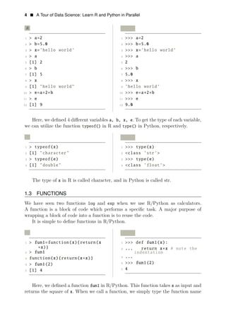 4 • A Tour of Data Science: Learn R and Python in Parallel
R Python
1 > a=2 1 >>> a=2
2 > b=5.0 2 >>> b=5.0
3 > x=’hello world’ 3 >>> x=’hello world’
4 > a 4 >>> a
5 [1] 2 5 2
6 > b 6 >>> b
7 [1] 5 7 5.0
8 > x 8 >>> x
9 [1] "hello world" 9 ’hello world’
10 > e=a∗2+b 10 >>> e=a∗2+b
11 > e 11 >>> e
12 [1] 9 12 9.0
Here, we deﬁned 4 diﬀerent variables a, b, x, e. To get the type of each variable,
we can utilize the function typeof() in R and type() in Python, respectively.
R Python
1 > typeof(x) 1 >>> type(x)
2 [1] "character" 2 <class ’str’>
3 > typeof(e) 3 >>> type(e)
4 [1] "double" 4 <class ’float’>
The type of x in R is called character, and in Python is called str.
1.3 FUNCTIONS
We have seen two functions log and exp when we use R/Python as calculators.
A function is a block of code which performs a speciﬁc task. A major purpose of
wrapping a block of code into a function is to reuse the code.
It is simple to deﬁne functions in R/Python.
R Python
1 > fun1=function(x){return(x 1 >>> def fun1(x):
∗x)} 2 ... return x ote
2
∗x # n the
> fun1 indentation
3 function(x){return(x∗x)} 3 ...
4 > fun1(2) 4 >>> fun1(2)
5 [1] 4 5 4
Here, we deﬁned a function fun1 in R/Python. This function takes x as input and
returns the square of x. When we call a function, we simply type the function name
 
