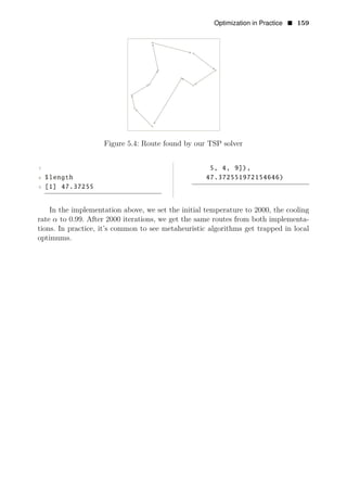 Optimization in Practice • 159
Figure 5.4: Route found by our TSP solver
7 5, 4, 9]),
8 $length 47.372551972154646)
9 [1] 47.37255
In the implementation above, we set the initial temperature to 2000, the cooling
rate α to 0.99. After 2000 iterations, we get the same routes from both implementa­
tions. In practice, it’s common to see metaheuristic algorithms get trapped in local
optimums.
 