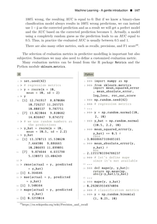 Machine Learning - A gentle introduction • 167
100% wrong, the resulting AUC is equal to 0. But if we know a binary-class
classiﬁcation model always results in 100% wrong predictions, we can instead
use 1−ŷ as the corrected prediction and as a result we will get a perfect model
and the AUC based on the corrected prediction becomes 1. Actually, a model
using a completely random guess as the prediction leads to an AUC equal to
0.5. Thus, in practice the evaluated AUC is usually between 0.5 and 1.
There are also many other metrics, such as recalls, precisions, and F1 score10
.
The selection of evaluation metrics in predictive modelling is important but also
subjective. Sometimes we may also need to deﬁne a customized evaluation metric.
Many evaluation metrics can be found from the R package Metrics and the
Python module sklearn.metrics.
R Python
1 > set.seed(42) 1 >>> import numpy as np
2 > # regression metrics 2 >>> from sklearn.metrics
import mean_squared_error
3 > y = rnorm(n = 10,
, mean_absolute_error ,
mean = 10, sd = 2)
4 > y log_loss , roc_auc_score
5 [1] 12.741917 3
8.870604 >>> np.random.seed(42)
10.726257 11.265725 4 >>> # regression metrics
10.808537 9.787751 5 ...
6 [7] 13.023044 9.810682 6 >>> y = np.random.normal(10,
14.036847 9.874572 2, 10)
7 > # we use random numbers as 7 >>> y_hat = np.random.normal
the predictions (10.5, 2.2, 10)
8 > y_hat = rnorm(n = 10, 8 >>> mean_squared_error(y,
mean = 10.5, sd = 2.2)
y_hat) 0.5 #
9 > y_hat rmse
∗∗
10 [1] 13.370713 15.530620 9 3.0668667318485165
7.444506 9.886665 10 >>> mean_absolute_error(y,
10.206693 11.899091 y_hat) #
mae
11 [7] 9.874644 4.655798 11 2.1355703394788237
5.130973 13.404249 12 >>> # let’s define mape
12 > since it’s not available
13 > rmse(actual = y, predicted 13 ...
= y_hat) 14 >>> def mape(y, y_hat):
return np.mean(np.
14 [1] 4.364646 abs(y y_hat)/y_hat)
15 > mae(actual = y, predicted 15 ...
−
= y_hat) 16 >>> mape(y, y_hat)
16 [1] 3.540164 17 0.292059554974094
17 > mape(actual = y, predicted 18 >>> # classification metrics
= y_hat) 19 >>> y = np.random.binomial
18 [1] 0.3259014 (1, 0.25, 10)
10
https://en.wikipedia.org/wiki/Precision_and_recall
 