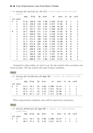 80 • A Tour of Data Science: Learn R and Python in Parallel
29 >>> mtcars_df.loc[[(6,4) ,(8,3)]] # MultiIndex with multiple
values
30 mpg disp hp drat wt qsec vs am carb
31 cyl gear
32 6 4 21.0 160.0 110 3.90 2.620 16.46 0 1 4
33 4 21.0 160.0 110 3.90 2.875 17.02 0 1 4
34 4 19.2 167.6 123 3.92 3.440 18.30 1 0 4
35 4 17.8 167.6 123 3.92 3.440 18.90 1 0 4
36 8 3 18.7 360.0 175 3.15 3.440 17.02 0 0 2
37 3 14.3 360.0 245 3.21 3.570 15.84 0 0 4
38 3 16.4 275.8 180 3.07 4.070 17.40 0 0 3
39 3 17.3 275.8 180 3.07 3.730 17.60 0 0 3
40 3 15.2 275.8 180 3.07 3.780 18.00 0 0 3
41 3 10.4 472.0 205 2.93 5.250 17.98 0 0 4
42 3 10.4 460.0 215 3.00 5.424 17.82 0 0 4
43 3 14.7 440.0 230 3.23 5.345 17.42 0 0 4
44 3 15.5 318.0 150 2.76 3.520 16.87 0 0 2
45 3 15.2 304.0 150 3.15 3.435 17.30 0 0 2
46 3 13.3 350.0 245 3.73 3.840 15.41 0 0 4
47 3 19.2 400.0 175 3.08 3.845 17.05 0 0 2
Compared to data.table, we need to use the loc method when accessing rows
based on index. The loc method also takes boolean conditions.
Python
1 >>> mtcars_df.loc[mtcars_df.mpg >30] # select the vehicles with
mpg>30
2 mpg disp hp drat wt qsec vs am carb
3 cyl gear
4 4 4 32.4 78.7 66 4.08 2.200 19.47 1 1 1
5 4 30.4 75.7 52 4.93 1.615 18.52 1 1 2
6 4 33.9 71.1 65 4.22 1.835 19.90 1 1 1
7 5 30.4 95.1 113 3.77 1.513 16.90 1 1 2
When using boolean conditions, loc could be ignored for convenience.
Python
1 >>> mtcars_df[mtcars_df.mpg>30] # ignore loc with boolean
conditions
2 mpg disp hp drat wt qsec vs am carb
3 cyl gear
4 4 4 32.4 78.7 66 4.08 2.200 19.47 1 1 1
5 4 30.4 75.7 52 4.93 1.615 18.52 1 1 2
 