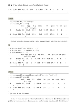 88 • A Tour of Data Science: Learn R and Python in Parallel
11 2: Mazda RX4 Wag 21 160 3.9 2.875 17.02 0 1 4 4
1
Python
1 >>> mtcars_df[’new_col’]=1
2 >>> mtcars_df.head(2)
3 name mpg disp drat wt qsec vs am gear
carb new_col
4 0 Mazda RX4 21.0 160.0 3.9 2.620 16.46 0 1 4
4 1
5 1 Mazda RX4 Wag 21.0 160.0 3.9 2.875 17.02 0 1 4
4 1
Adding multiple columns is a bit tricky compared with adding a single column.
R
1 > mtcars_dt=fread(’mtcars.csv’)
2 > mtcars_dt[, ‘:=‘(nc1=1,nc2=2)]
3 > head(mtcars_dt , 2)
4 name mpg cyl disp hp drat wt qsec vs am gear
carb nc1 nc2
5 1: Mazda RX4 21 6 160 110 3.9 2.620 16.46 0 1 4
4 1 2
6 2: Mazda RX4 Wag 21 6 160 110 3.9 2.875 17.02 0 1 4
4 1 2
Python
1 >>> mtcars_df=mtcars_df.assign(∗∗{’nc1’:1, ’nc2’:2})
2 >>> mtcars_df.head(2)
3 name mpg cyl disp hp ... am gear carb
nc1 nc2
4 0 Mazda RX4 21.0 6 160.0 110 ... 1 4 4
1 2
5 1 Mazda RX4 Wag 21.0 6 160.0 110 ... 1 4 4
1 2
6
7 [2 rows x 14 columns]
In the R code, we use ‘:=‘ to create multiple columns. In the Python code, we
put the new columns into a dictionary and use the assign function with the dictionary
 