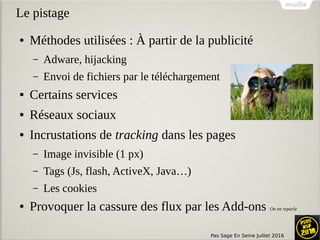 Pas Sage En Seine Juillet 2016
Le pistage
● Méthodes utilisées : À partir de la publicité
– Adware, hijacking
– Envoi de fichiers par le téléchargement
● Certains services
● Réseaux sociaux
● Incrustations de tracking dans les pages
– Image invisible (1 px)
– Tags (Js, flash, ActiveX, Java…)
– Les cookies
● Provoquer la cassure des flux par les Add-ons On en reparle
 