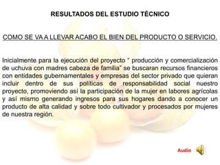 RESULTADOS DEL ESTUDIO TÉCNICO
COMO SE VA A LLEVAR ACABO EL BIEN DEL PRODUCTO O SERVICIO.
Inicialmente para la ejecución del proyecto “ producción y comercialización
de uchuva con madres cabeza de familia” se buscaran recursos financieros
con entidades gubernamentales y empresas del sector privado que quieran
incluir dentro de sus políticas de responsabilidad social nuestro
proyecto, promoviendo así la participación de la mujer en labores agrícolas
y así mismo generando ingresos para sus hogares dando a conocer un
producto de alta calidad y sobre todo cultivador y procesados por mujeres
de nuestra región.
Audio
 