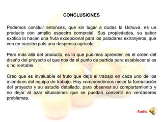 CONCLUSIONES
Podemos concluir entonces, que sin lugar a dudas la Uchuva, es un
producto con amplio espectro comercial. Sus propiedades, su sabor
exótico la hacen una fruta excepcional para los paladares extranjeros, que
ven en nuestro país una despensa agrícola.
Pero más allá del producto, es lo que pudimos aprender, es el orden del
diseño del proyecto el que nos da el punto de partida para establecer si es
o no rentable.
Creo que es invaluable el fruto que deja el trabajo en cada uno de los
miembros del equipo de trabajo. Hoy comprendemos mejor la formulación
del proyecto y su estudio detallado, para observar su comportamiento y
no dejar al azar situaciones que se puedan convertir en verdaderos
problemas.
Audio
 