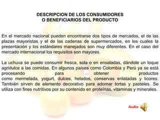 DESCRIPCION DE LOS CONSUMIDORES
O BENEFICIARIOS DEL PRODUCTO
En el mercado nacional pueden encontrarse dos tipos de mercados, el de las
plazas mayoristas y el de las cadenas de supermercados, en los cuales la
presentación y los estándares manejados son muy diferentes. En el caso del
mercado internacional los requisitos son mayores.
La uchuva se puede consumir fresca, sola o en ensaladas, dándole un toque
agridulce a las comidas. En algunos países como Colombia y Perú ya se está
procesando para obtener productos
como mermelada, yogurt, dulces, helados, conservas enlatadas y licores.
También sirven de elemento decorativo para adornar tortas y pasteles. Se
utiliza con fines nutritivos por su contenido en proteínas, vitaminas y minerales.
Audio
 