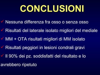 Nessuna differenza fra osso o senza osso  Risultati del laterale isolato migliori del mediale MM + OTA risultati migliori di MM isolato Risultati peggiori in lesioni condrali gravi Il 90% dei pz. soddisfatti del risultato e lo  avrebbero ripetuto CONCLUSIONI 