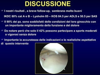 I nostri risultati , a breve follow-up,  sembrano molto buoni  IKDC 80% cat A e B – Lysholm 85 – KOS 84.5 per ADLS e 50.5 per SAS  Il 90% dei pz. sono soddisfatti delle condizioni del loro ginocchio con  un importante miglioramento della funzione e del dolore Da notare però che solo il 42% possono partecipare a sports moderati  o vigorosi senza dolore Importante la accuratezza delle indicazioni e le realistiche aspettative di  questo intervento DISCUSSIONE 