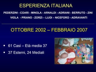 61 Casi – Età media 37 37 Esterni, 24 Mediali PEDERZINI - COARI - MINOLA - ARNALDI - ADRIANI - BERRUTO - ZINI  VIOLA  - PRIANO - ZORZI – LIJOI – NICEFORO - ADRAVANTI OTTOBRE 2002 – FEBBRAIO 2007 ESPERIENZA ITALIANA 