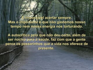 É impossível acertar sempre.
 Mas o importante é que não gastemos nosso
  tempo nem nossa energia nos torturando.

 A autocrítica pelo que não deu certo, além de
 ser nociva para a saúde, faz com que a gente
perca os passarinhos que a vida nos oferece de
                   presente.
 
