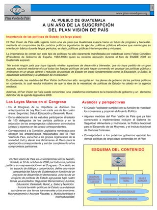 AL PUEBLO DE GUATEMALA A UN AÑO DE LA SUSCRIPCIÓN DEL PLAN VISIÓN DE PAÍS ,[object Object],[object Object],[object Object],[object Object],Importancia de las políticas de Estado (de largo plazo) El Plan Visión de País está vigente como una vía para que Guatemala avance hacia un futuro de progreso y bienestar, mediante el compromiso de los partidos políticos signatarios de ejecutar políticas públicas eficaces que mantengan su orientación básica durante largos períodos; es decir, políticas públicas intertemporales y virtuosas. La importancia de contar con este tipo de políticas ha sido claramente manifestada por estadistas como Felipe Gonzáles (Presidente de Gobierno de España, 1982-1996) quien su reciente alocución durante el foro de ENADE 2007 en Guatemala expresó: “ No existe ningún país que haya logrado niveles superiores de desarrollo y bienestar, que no haya partido de un gran acuerdo nacional mediante el cual todas las fuerzas políticas del país hayan convenido en priorizar las políticas pública y enfocarlas en un grupo central y reducido de políticas de Estado en áreas fundamentales como la Educación, la Salud, la estabilidad económica y la atracción de inversiones”. En Guatemala,  las medidas del Plan Visión de País han sido  recogidas en  los planes de gobierno de los partidos políticos en contienda, lo cual resulta  indicativo de que la idea de la necesidad de políticas de Estado ha calado en la agenda electoral. A demás, el Pan Visión de País puede convertirse  una  plataforma orientadora de la transición de gobierno y un  elemento definidor de la agenda legislativa 2008. ,[object Object],[object Object],[object Object],[object Object],El Plan Visión de País es un compromiso con la Nación, firmado el 10 de octubre de 2006 por todos los partidos políticos con representación en el Congreso. Concebido en un espacio de diálogo y concertación, define una visión compartida del futuro de Guatemala en función de un proyecto de desarrollo en democracia, a través de un conjunto de políticas de Estado agrupadas bajo cuatro temas ya acordados: Seguridad Democrática y Justicia; Educación; Desarrollo Rural; y, Salud y Nutrición.  Incluirá también políticas de Estado que deberán acordarse en dos temas transversales a los anteriores: Macroeconomía y Asuntos Fiscales; y, Multiculturalidad e Interculturalidad. 1 ESQUEMA DEL CONTENIDO 