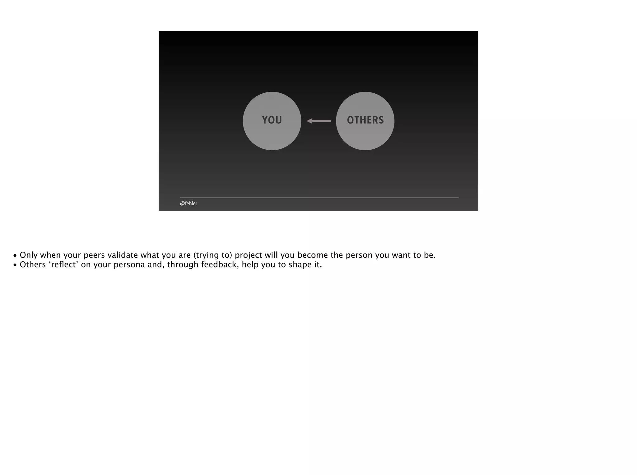 @fehler
YOU OTHERS
• Only when your peers validate what you are (trying to) project will you become the person you want to be.
• Others ‘reﬂect’ on your persona and, through feedback, help you to shape it.
 