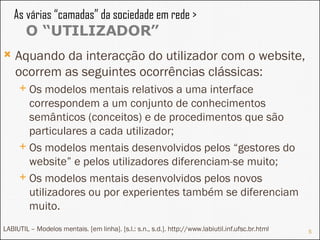 As várias “camadas” da sociedade em rede >  O “UTILIZADOR” Aquando da interacção do utilizador com o website, ocorrem as seguintes ocorrências clássicas: Os modelos mentais relativos a uma interface correspondem a um conjunto de conhecimentos semânticos (conceitos) e de procedimentos que são particulares a cada utilizador;  Os modelos mentais desenvolvidos pelos “gestores do website” e pelos utilizadores diferenciam-se muito; Os modelos mentais desenvolvidos pelos novos utilizadores ou por experientes também se diferenciam muito.  LABIUTIL – Modelos mentais. [em linha]. [s.l.: s.n., s.d.]. http://www.labiutil.inf.ufsc.br.html 