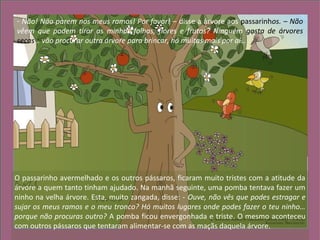 O passarinho avermelhado e os outros pássaros, ficaram muito tristes com a atitude da
árvore a quem tanto tinham ajudado. Na manhã seguinte, uma pomba tentava fazer um
ninho na velha árvore. Esta, muito zangada, disse: - Ouve, não vês que podes estragar e
sujar os meus ramos e o meu tronco? Há muitos lugares onde podes fazer o teu ninho…
porque não procuras outro? A pomba ficou envergonhada e triste. O mesmo aconteceu
com outros pássaros que tentaram alimentar-se com as maçãs daquela árvore.
- Não! Não parem nos meus ramos! Por favor! – disse a árvore aos passarinhos. – Não
vêem que podem tirar as minhas folhas, flores e frutos? Ninguém gosta de árvores
secas… vão procurar outra árvore para brincar, há muitas mais por aí…
 
