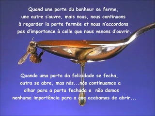 Quand une porte du bonheur se ferme,  une autre s’ouvre, mais nous, nous continuons  à regarder la porte fermée et nous n’accordons  pas d’importance à celle que nous venons d’ouvrir. Quando uma porta da felicidade se fecha,  outra se abre, mas nós...nós continuamos a  olhar para a porta fechada e  não damos  nenhuma importância para a que acabamos de abrir... 
