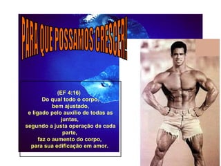 PARA QUE POSSAMOS CRESCER! (EF 4:16)  Do qual todo o corpo,  bem ajustado, e ligado pelo auxílio de todas as juntas,  segundo a justa operação de cada parte,  faz o aumento do corpo,  para sua edificação em amor.  