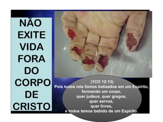 NÃO  EXITE VIDA  FORA DO CORPO DE CRISTO (1CO 12:13) Pois todos nós fomos batizados em um Espírito,  formando um corpo,  quer judeus, quer gregos,  quer servos,  quer livres,  e todos temos bebido de um Espírito.  
