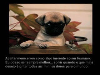 Aceitar meus erros como algo inerente ao ser humano.  Eu posso ser sempre melhor... sorrir quando o que mais desejo é gritar todas as  minhas dores para o mundo. 