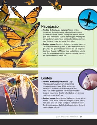 QUEM PROJETOU PRIMEIRO? 17
Navegaç
˜
ao
˛ Produto de fabricaç
˜
ao humana: Alguns avi
˜
oes
comerciais t
ˆ
em sistemas de piloto autom
´
atico com-
putadorizados que podem tanto guiar o avi
˜
ao de um
pa
´
ıs para outro como fazer a aterrissagem. O computa-
dor usado num sistema de piloto autom
´
atico experimen-
tal
´
e do tamanho de um cart
˜
ao de cr
´
edito.
˛ Produto natural: Com um c
´
erebro do tamanho da ponta
de uma caneta esferogr
´
afica, a borboleta-monarca mi-
gra uns 3 mil quil
ˆ
ometros do Canad
´
a at
´
e um pequeno
trecho de floresta no M
´
exico. Essa borboleta se orienta
pelo Sol na sua viagem e tem a capacidade de compen-
sar o movimento do Sol no c
´
eu.
Lentes
˛ Produto de fabricaç
˜
ao humana: Enge-
nheiros desenvolveram um olho artificial
composto que acomoda 8.500 lentes num
espaço do tamanho de uma cabeça de alfi-
nete. Tais lentes poderiam ser usadas em detec-
tores de movimento de alta velocidade e em c
ˆ
ameras
multidirecionais ultrafinas.
˛ Produto natural: Cada olho da lib
´
elula tem umas 30 mil
lentes. Essas lentes produzem imagens que se combi-
nam para criar um amplo campo de vis
˜
ao em mosaico.
Os olhos compostos da lib
´
elula s
˜
ao detectores de movi-
mento por excel
ˆ
encia.
 