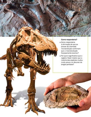 Como responderia?
˛ Como responderia
`
a afirmaç
˜
ao de que as
provas da chamada
microevoluç
˜
ao confirmam
que a macroevoluç
˜
ao
forçosamente ocorreu?
˛ Por que
´
e significativo que o
registro f
´
ossil mostra que a
maioria das esp
´
ecies mudou
muito pouco no decurso de
longos per
´
ıodos?
 