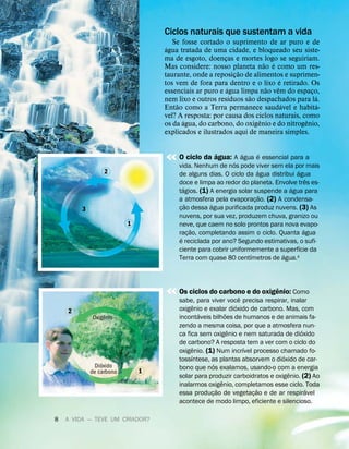 Ciclos naturais que sustentam a vida
Se fosse cortado o suprimento de ar puro e de
´
agua tratada de uma cidade, e bloqueado seu siste-
ma de esgoto, doenças e mortes logo se seguiriam.
Mas considere: nosso planeta n
˜
ao
´
e como um res-
taurante, onde a reposiç
˜
ao de alimentos e suprimen-
tos vem de fora para dentro e o lixo
´
e retirado. Os
essenciais ar puro e
´
agua limpa n
˜
ao v
ˆ
em do espaço,
nem lixo e outros res
´
ıduos s
˜
ao despachados para l
´
a.
Ent
˜
ao como a Terra permanece saud
´
avel e habit
´
a-
vel? A resposta: por causa dos ciclos naturais, como
os da
´
agua, do carbono, do oxig
ˆ
enio e do nitrog
ˆ
enio,
explicados e ilustrados aqui de maneira simples.
O ciclo da
´
agua: A
´
agua
´
e essencial para a
vida. Nenhum de n
´
os pode viver sem ela por mais
de alguns dias. O ciclo da
´
agua distribui
´
agua
doce e limpa ao redor do planeta. Envolve tr
ˆ
es es-
t
´
agios. (1) A energia solar suspende a
´
agua para
a atmosfera pela evaporaç
˜
ao. (2) A condensa-
ç
˜
ao dessa
´
agua purificada produz nuvens. (3) As
nuvens, por sua vez, produzem chuva, granizo ou
neve, que caem no solo prontos para nova evapo-
raç
˜
ao, completando assim o ciclo. Quanta
´
agua
´
e reciclada por ano? Segundo estimativas, o sufi-
ciente para cobrir uniformemente a superf
´
ıcie da
Terra com quase 80 cent
´
ımetros de
´
agua.4
Os ciclos do carbono e do oxig
ˆ
enio: Como
sabe, para viver voc
ˆ
e precisa respirar, inalar
oxig
ˆ
enio e exalar di
´
oxido de carbono. Mas, com
incont
´
aveis bilh
˜
oes de humanos e de animais fa-
zendo a mesma coisa, por que a atmosfera nun-
ca fica sem oxig
ˆ
enio e nem saturada de di
´
oxido
de carbono? A resposta tem a ver com o ciclo do
oxig
ˆ
enio. (1) Num incr
´
ıvel processo chamado fo-
toss
´
ıntese, as plantas absorvem o di
´
oxido de car-
bono que n
´
os exalamos, usando-o com a energia
solar para produzir carboidratos e oxig
ˆ
enio. (2) Ao
inalarmos oxig
ˆ
enio, completamos esse ciclo. Toda
essa produç
˜
ao de vegetaç
˜
ao e de ar respir
´
avel
acontece de modo limpo, eficiente e silencioso.
1
3
2
1
Di
´
oxido
de carbono
2
Oxig
ˆ
enio
8 A VIDA — TEVE UM CRIADOR?
 