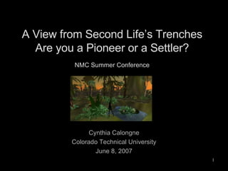 A View from Second Life’s Trenches Are you a Pioneer or a Settler? NMC Summer Conference Cynthia Calongne Colorado Technical University June 8, 2007 