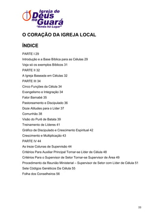 O CORAÇÃO DA IGREJA LOCAL
ÍNDICE
PARTE I 29
Introdução e a Base Bíblica para as Células 29
Veja só os exemplos Bíblicos 31
PARTE II 32
A Igreja Baseada em Células 32
PARTE III 34
Cinco Funções da Célula 34
Evangelismo e Integração 34
Fator Barnabé 35
Pastoreamento e Discipulado 36
Doze Atitudes para o Líder 37
Comunhão 38
Visão do Purê de Batata 39
Treinamento de Líderes 41
Gráfico de Discipulado e Crescimento Espiritual 42
Crescimento e Multiplicação 43
PARTE IV 44
As treze Colunas de Supervisão 44
Critérios Para Auxiliar Principal Tornar-se Líder de Célula 48
Critérios Para o Supervisor de Setor Tornar-se Supervisor de Área 49
Procedimento da Reunião Ministerial – Supervisor de Setor com Líder de Célula 51
Sete Códigos Genéticos Da Célula 55
Folha dos Conselheiros 56

33

 