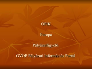 <ul><li>OPIK </li></ul><ul><li>Europa </li></ul><ul><li>Pályázatfigyelő  </li></ul><ul><li>GVOP Pályázati Információs Port...