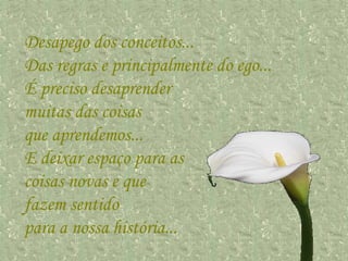 Desapego dos conceitos...  Das regras e principalmente do ego...  É preciso desaprender  muitas das coisas  que aprendemos...  E deixar espaço para as  coisas novas e que  fazem sentido  para a nossa história...  