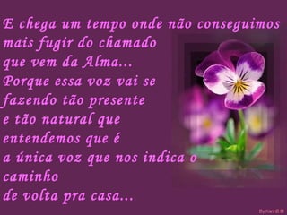 E chega um tempo onde não conseguimos  mais fugir do chamado  que vem da Alma...  Porque essa voz vai se  fazendo tão presente  e tão natural que  entendemos que é  a única voz que nos indica o  caminho  de volta pra casa...  