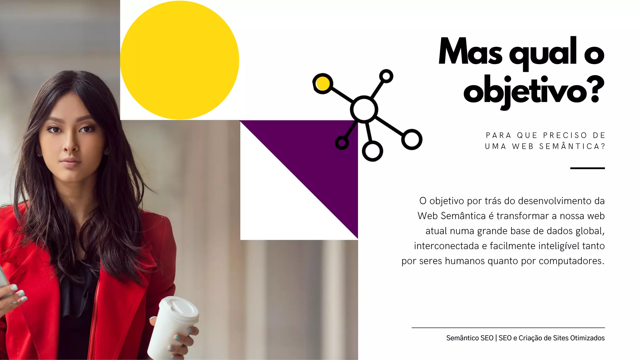 Semântico SEO | SEO e Criação de Sites Otimizados
O objetivo por trás do desenvolvimento da
Web Semântica é transformar a nossa web
atual numa grande base de dados global,
interconectada e facilmente inteligível tanto
por seres humanos quanto por computadores.
Mas qual o
objetivo?
P A R A Q U E P R E C I S O D E
U M A W E B S E M Â N T I C A ?
 