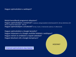 Hogyan optimalizálom a weblapot?




Melyik keresőbarát programot választom?
Hogyan optimalizáljam a tartalmat? 3 szakaszos szöveg terjedelem (rövid bevezető 30 -120 szó, bővítmény 120 -
300 szó, kiegészítő tájékoztatók - 400 szó)
Hogyan optimalizáljam a struktúrát? (3 max. 4 szint, 1-3 konverziós csatorna, 3+ célkonverzió)

Hogyan optimalizálom a Google keresőre?
Hogyan helyezzem el a Google analitikai kódokat a weblapon?
Hogyan mérem és értékelem a kapott adatokat?
Hogyan készítsem elő a Google kampányra?


                                                                              HOGYAN?
  A kereső optimalizáció alap lépései
 