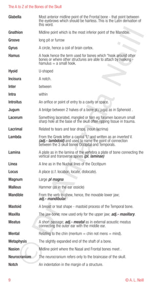 The A to Z of the Bones of the Skull

Glabella            Most anterior midline point of the Frontal bone - that point between
                    the eyebrows which should be hairless. This is the Latin derivation of
                    this word.
Gnathion            Midline point which is the most inferior point of the Mandible.




                                                                  eill
Groove              long pit or furrow
Gyrus               A circle, hence a coil of brain cortex.
Hamus               A hook hence the term used for bones which “hook around other
                    bones or where other structures are able to attach by hooking -
                    hamulus = a small hook.
Hyoid               U-shaped




                                                   aN
Incisura            A notch.
Inter               between
Intra               within
Introitus           An orifice or point of entry to a cavity or space.
Jugum               A bridge between 2 halves of a bone pl.( juga) as in Sphenoid .
                                nd
Lacerum             Something lacerated, mangled or torn eg foramen lacerum small
                    sharp hole at the base of the skull often ripping tissue in trauma.
Lacrimal            Related to tears and tear drops. (noun lacrima)
Lambda              From the Greek letter a capital 'L' and written as an inverted V.
                    (adj.- lambdoid) and used to name the point of connection
                    between the 3 skull bones Occipital and Temporals.
                             ma

Lamina              A plate as in the lamina of the vertebra a plate of bone connecting the
                    vertical and transverse spines (pl. laminae)
Linea               A line as in the Nuchal lines of the Occitipum
Locus               A place (c.f. location, locate, dislocate).
Magnum              Large pl magna
               rA



Malleus             Hammer (as in the ear ossicle)
Mandible            From the verb to chew, hence, the movable lower jaw;
                    adj.- mandibular.
Mastoid             A breast or teat shape - mastoid process of the Temporal bone.
Maxilla             The jaw-bone; now used only for the upper jaw; adj.- maxillary.
©D




Meatus              A short passage; adj.- meatal as in external acoustic meatus
                    connecting the outer ear with the middle ear.
Mental              Relating to the chin (mentum = chin not mens = mind).
Metaphysis          The slightly expanded end of the shaft of a bone.
Nasion              Midline point where the Nasal and Frontal bones meet .
Neurocranium        The neurocranium refers only to the braincase of the skull.
Notch               An indentation in the margin of a structure.


9                                                                               © A. L. Neill
 