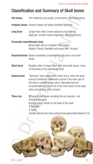The A to Z of the Bones of the Skull


Classification and Summary of Skull bones
Flat bones       Thin flattened and usually curved bones. Most Skull bones.




                                              eill
Irregular bones Various shapes not easily classified Sphenoid

Long bone        Longer than wide 2 ends epiphysis and a central
                 diaphysis. Growth mainly lengthwise. Most limb bones.




                                  aN
Pneumatic bone/Alveolar bone
               Bones filled with air to lighten their weight -
               Maxilla, Frontal, Mandible and bones with “sinuses”

Sesamoid bone Bones completely surrounded by soft tissue w/o joints
              Hyoid
                   nd
Short bone       Roughly cubic in shape. Most wrist and ankle bones; many
                 of the bones at the base of the skull.

Sutural bone     “Wormian” bone small bones which occur within the skull
                 sutures sometimes called extra-sutural if the main part of
                 the bone is outside of the suture. Generally they are
                ma

                 unnamed although the Incus is the name given to the large
                 extra-sutural bone when present.

There are:       22 paired skull bones including the ear ossicles / not
                 including the teeth.
                 5 single bones mainly on the base of the skull
       rA



                 1 mandible
                 1 hyoid
                 variable sutural and extra-sutural bones (generally between 3-5)
©D




© A. L. Neill                                                                   12
 