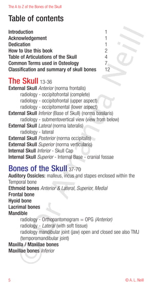 The A to Z of the Bones of the Skull


Table of contents
Introduction                                     1




                                               eill
Acknowledgement                                  1
Dedication                                       1
How to Use this book                             2
Table of Articulations of the Skull              4
Common Terms used in Osteology                   7
Classification and summary of skull bones        12




                                       aN
The Skull 13-36
External Skull Anterior (norma frontalis)
      radiology - occipitofrontal (complete)
      radiology - occipitofrontal (upper aspect)
      radiology - occipitomental (lower aspect)
External Skull Inferior (Base of Skull) (norma basilaris)
                             nd
      radiology - submentovertical view (view from below)
External Skull Lateral (norma lateralis)
      radiology - lateral
External Skull Posterior (norma occipitalis)
External Skull Superior (norma verticularis)
                          ma

Internal Skull Inferior - Skull Cap
Internal Skull Superior - Internal Base - cranial fossae

Bones of the Skull 37-70
Auditory Ossicles: malleus, incus and stapes enclosed within the
Temporal bone
               rA



Ethmoid bones Anterior & Lateral, Superior, Medial
Frontal bone
Hyoid bone
Lacrimal bones
Mandible
      radiology - Orthopantomogram = OPG (Anterior)
©D




      radiology - Lateral (with soft tissue)
      radiology mandibular joint (jaw) open and closed see also TMJ
      (temporomandibular joint)
Maxilla / Maxillae bones
Maxillae bones Inferior




5                                                           © A. L. Neill
 