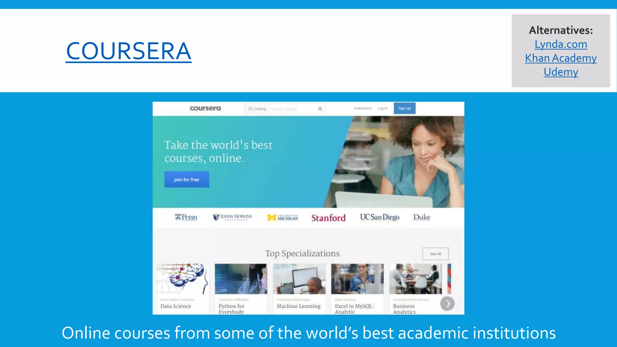 COURSERA
Online courses from some of the world’s best academic institutions
Alternatives:
Lynda.com
Khan Academy
Udemy
 