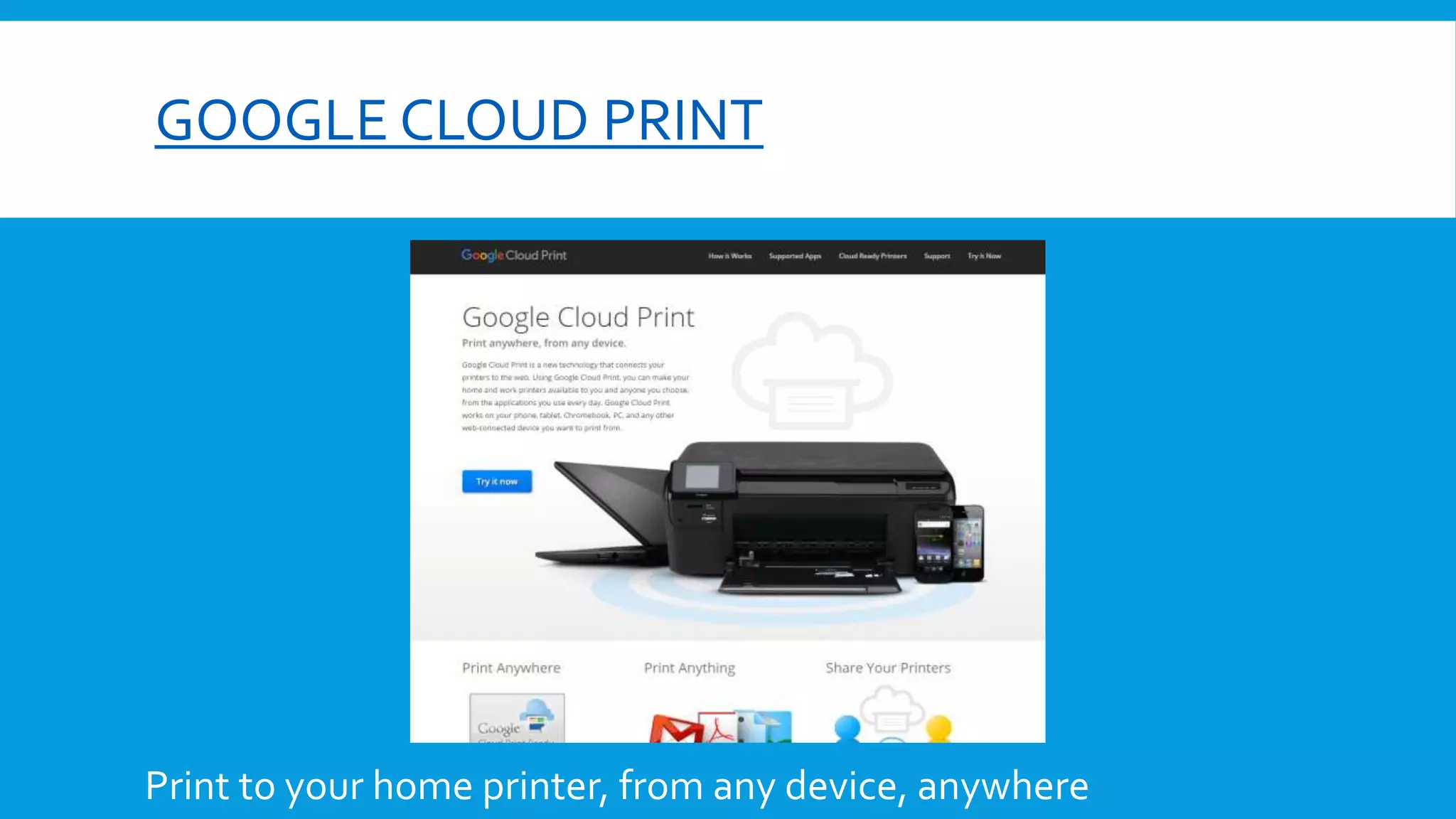 GOOGLE CLOUD PRINT
Print to your home printer, from any device, anywhere
 